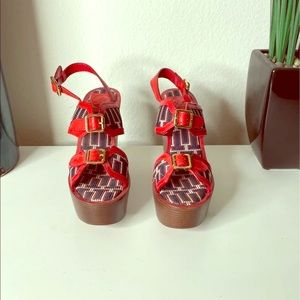 Tory Burch Red and Blue Wedge Sandals